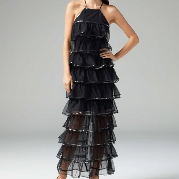 CACHÉ Layered Tiered Sequins Hem Mesh Sheer Maxi Pencil Dress Sz XS Halter Neck - Picture 1 of 10